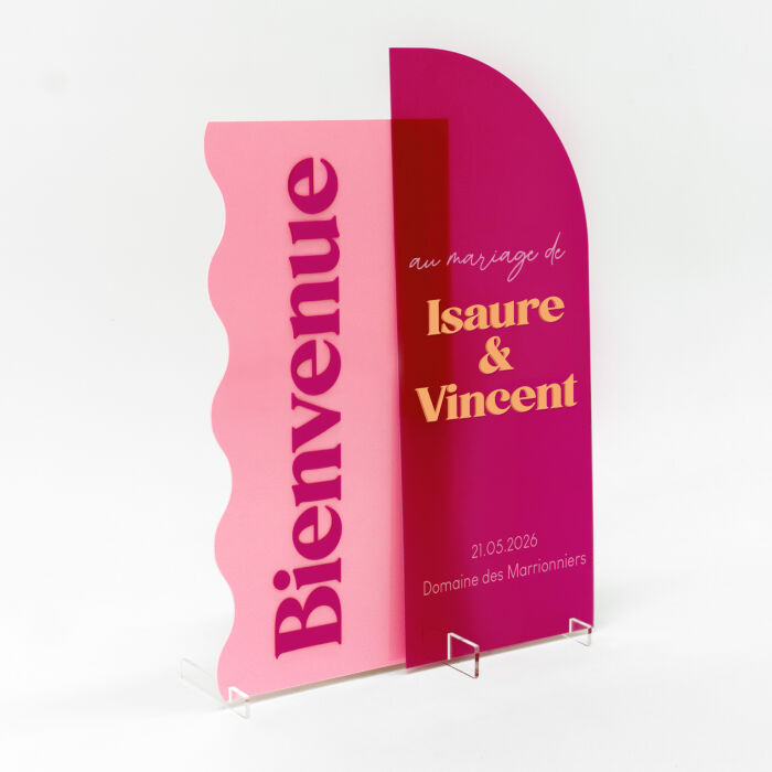 Panneau bienvenue double personnalisé acrylique fuchsia 585x980 mm et acrylique rose - Pop