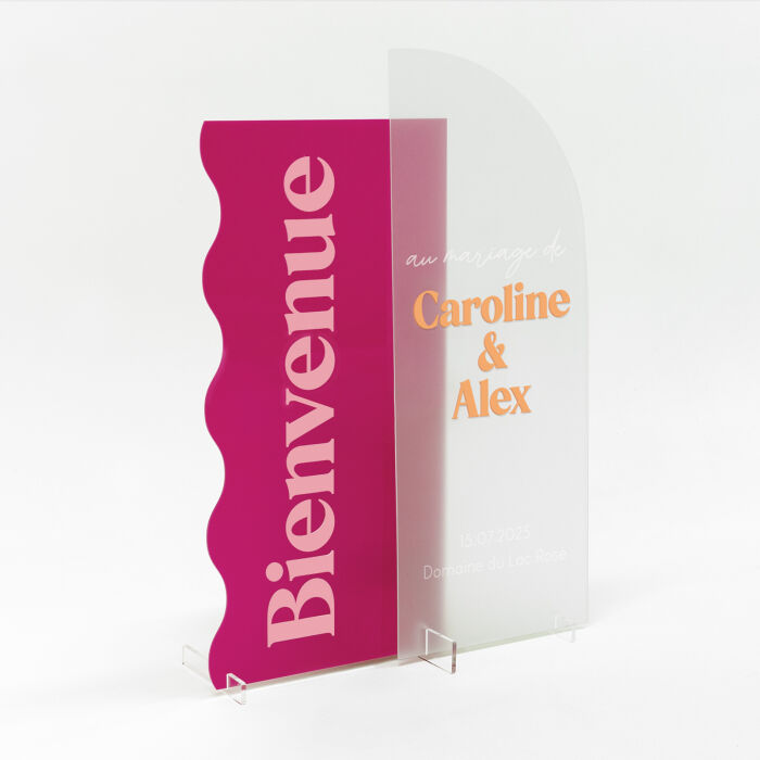 Panneau bienvenue double personnalisé acrylique givré et acrylique fuchsia 585x980 mm - Pop