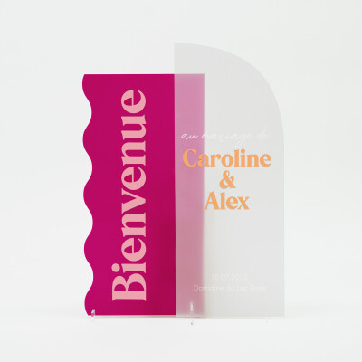 Panneau bienvenue double personnalisé acrylique givré et acrylique fuchsia 585x980 mm - Pop
