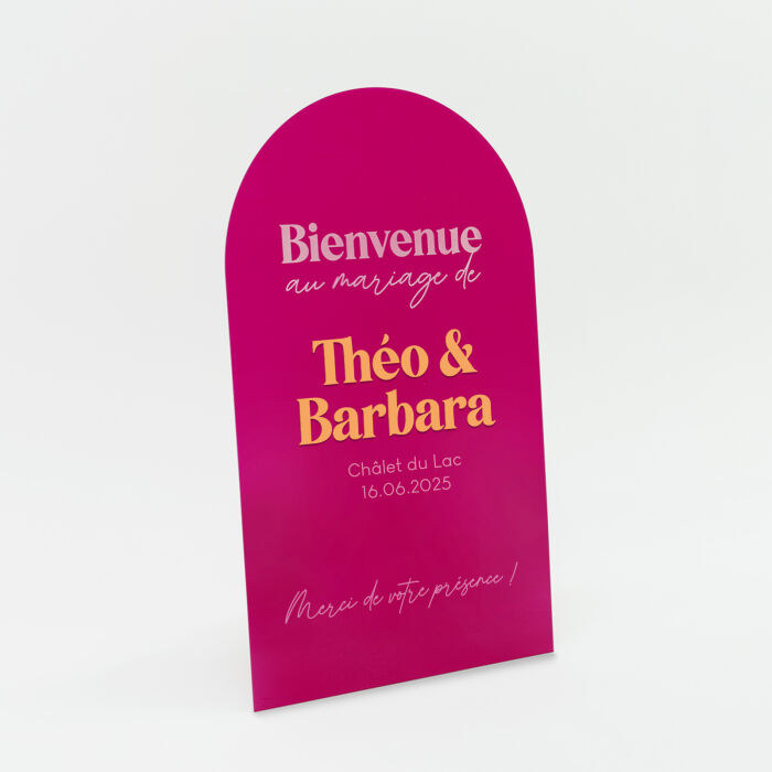 Panneau bienvenue personnalisé acrylique fuchsia 585x980 mm - Pop