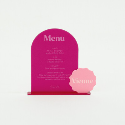 Menu personnalisé acrylique fuchsia 14x20 cm et nom de table acrylique rose 8x8 cm - Pop