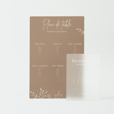 Plan de table personnalisé acrylique beige 58x90 cm et panneau bienvenue personnalisé acrylique givré 34x50 cm - Bohème