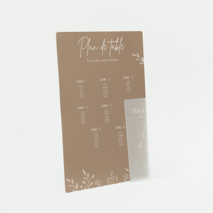 Plan de table personnalisé acrylique beige 58x90 cm et panneau bienvenue personnalisé acrylique givré 34x50 cm - Bohème