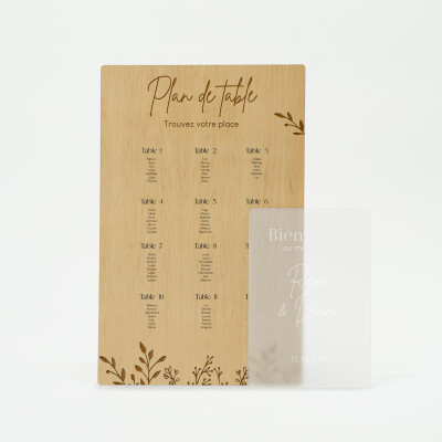 Plan de table personnalisé bois 58x90 cm et panneau bienvenue personnalisé acrylique givré 34x50 cm - Bohème