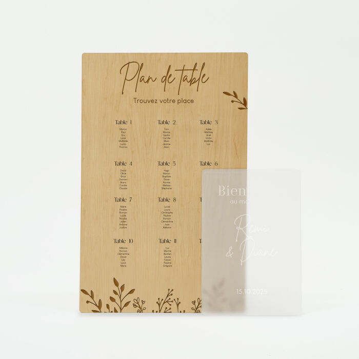Plan de table personnalisé bois 58x90 cm et panneau bienvenue personnalisé acrylique givré 34x50 cm - Bohème