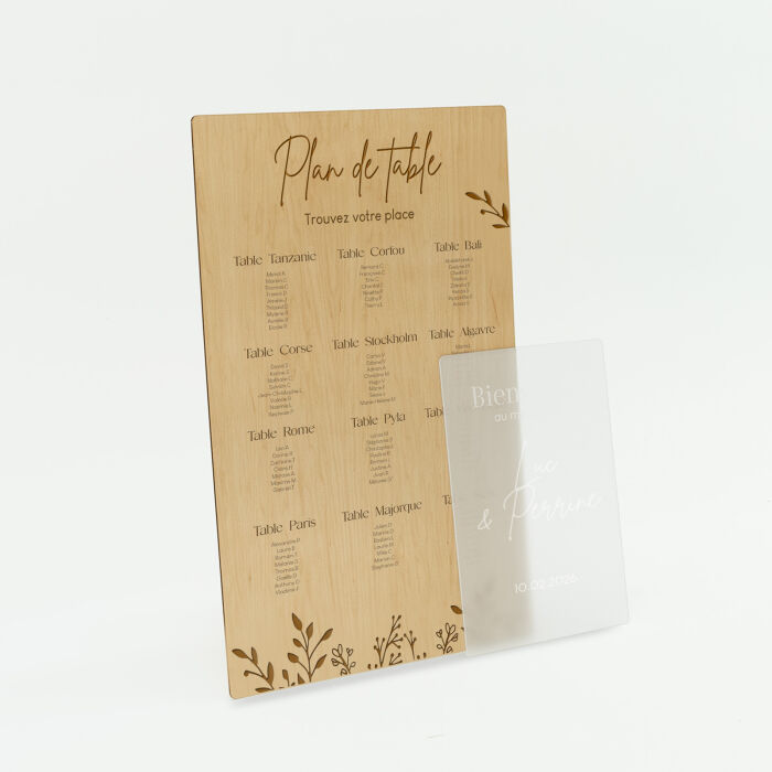 Plan de table personnalisé bois 58x90 cm et panneau bienvenue personnalisé acrylique givré 34x50 cm - Bohème