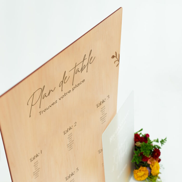 Plan de table personnalisé bois 58x90 cm et panneau bienvenue personnalisé acrylique givré 34x50 cm - Bohème