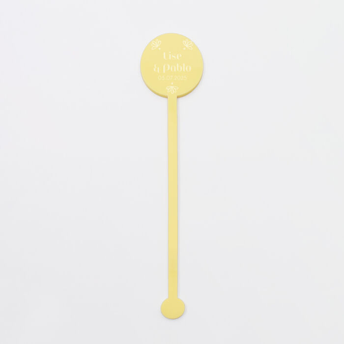 Touillette personnalisée prénoms mariés acrylique jaune pastel 3x16 cm - Blue Mediterraneo