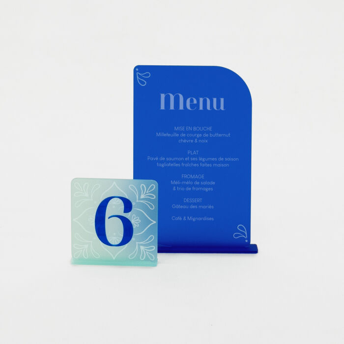 Menu personnalisé acrylique bleu givré 13x20 cm - Blue Mediterraneo