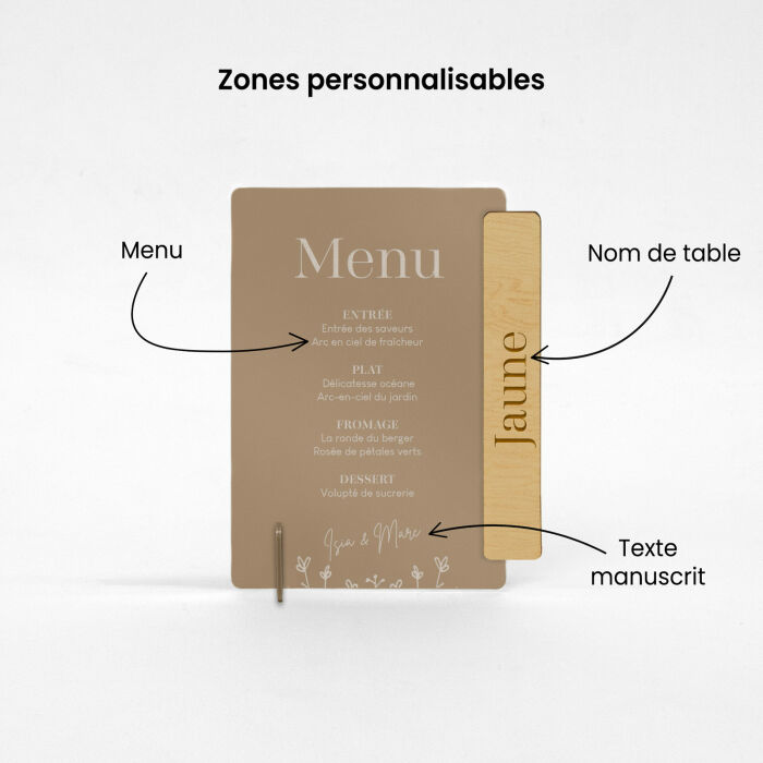 Menu personnalisé acrylique beige 14x20 cm et nom de table bois - Bohème