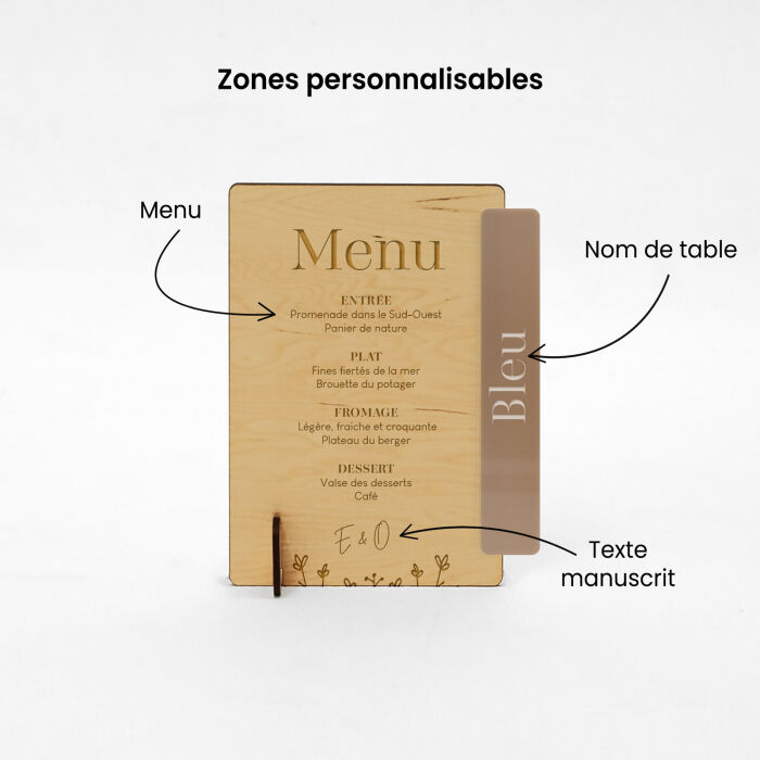 Menu personnalisé bois 14x20 cm et nom de table acrylique beige - Bohème