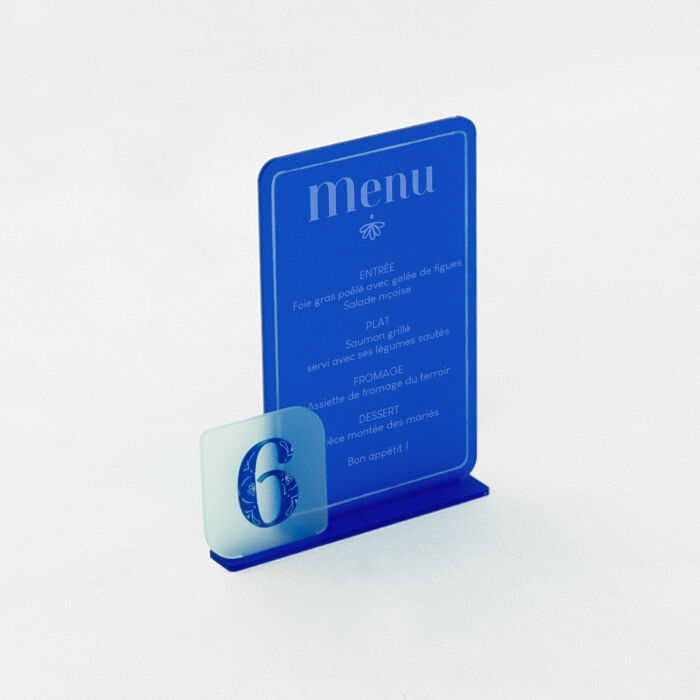 Menu personnalisé acrylique bleu givré 13x20 cm et numéro de table acrylique ciel givré 7x7 cm - Blue Mediterraneo