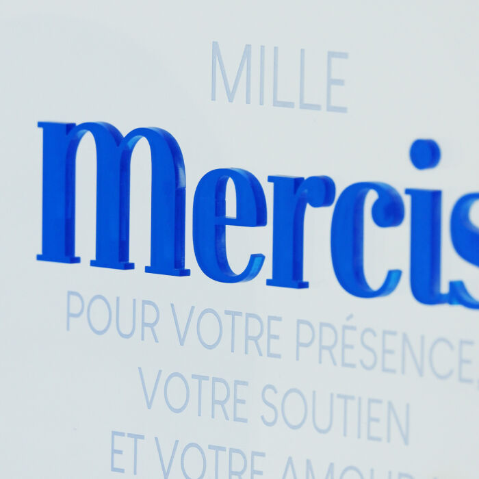 Panneau Merci acrylique bleu transparent 19x30 cm - Blue Mediterraneo