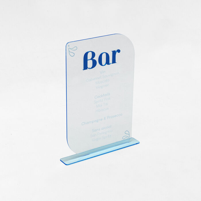 Signalétique bar personnalisée acrylique bleu transparent 23x35 cm - Blue Mediterraneo