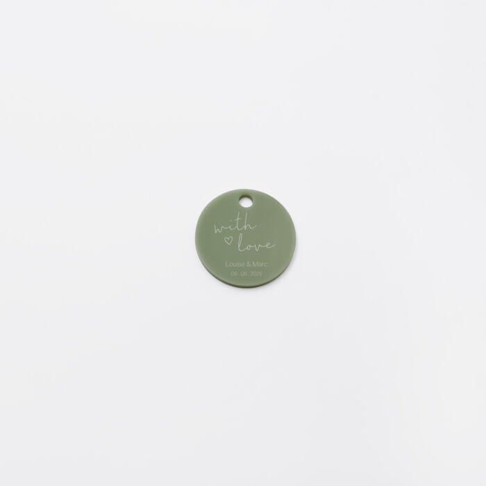Etiquette cadeau mariage personnalisée "With Love" acrylique vert 3,5x3,5 cm - Garden