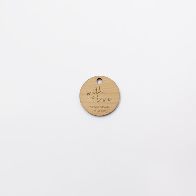 Etiquette cadeau mariage personnalisée "With Love" bois 3,5x3,5 cm - Garden