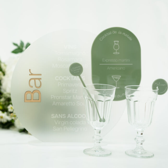 Touillette mariage personnalisée prénoms mariés acrylique vert 3x16 cm - Garden