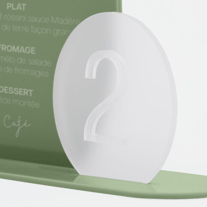 Menu mariage personnalisé acrylique vert 16x22 cm et numéro de table acrylique givré 8,5x8 cm - Garden