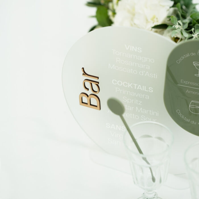 Signalétique bar mariage ronde personnalisée acrylique givré 30x29 cm - Garden