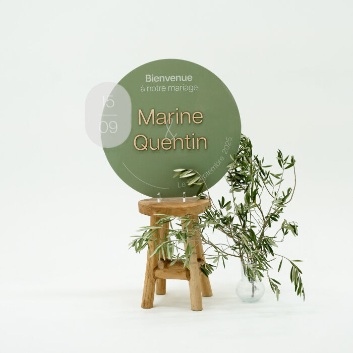 Panneau bienvenue mariage personnalisé acrylique vert 63x56 cm - Garden
