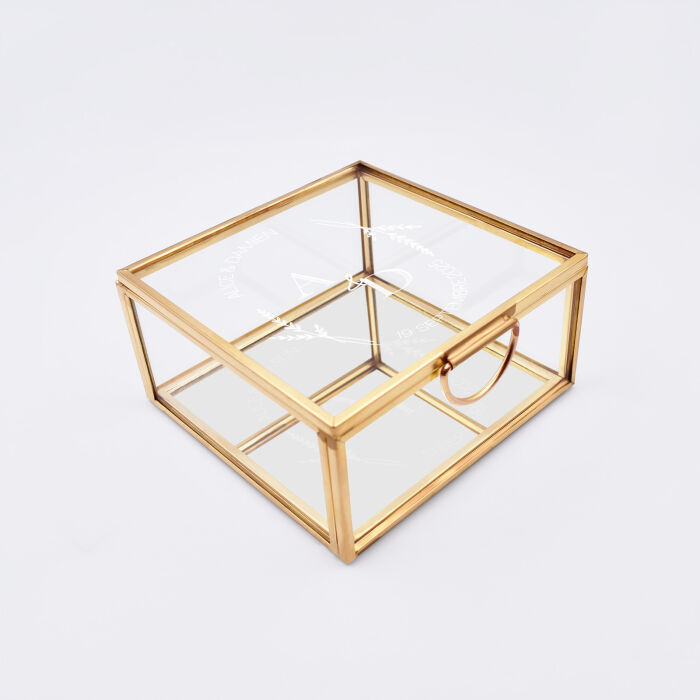 Boîte à alliances mariage personnalisée carrée initiales mariés verre gravé 10x10x5 cm - Bohème