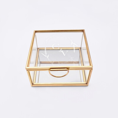 Boîte à alliances mariage personnalisée carrée initiales mariés verre gravé 10x10x5 cm - Bohème