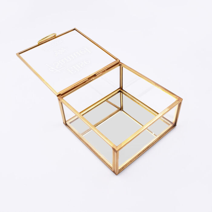 Boîte à alliances mariage personnalisée carrée prénoms mariés verre gravé 10x10x5 cm - Bohème