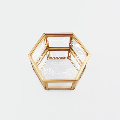 Boîte à alliances mariage personnalisée hexagonale initiales mariés verre gravé 8x7x4 cm - Bohème