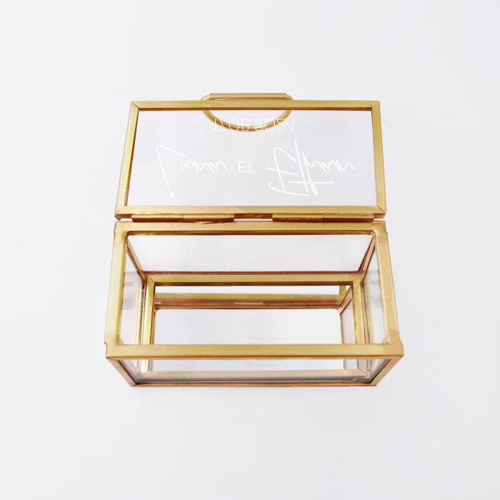 Boîte à alliances mariage personnalisée rectangulaire prénoms mariés verre gravé 8x4x4 cm - Bohème