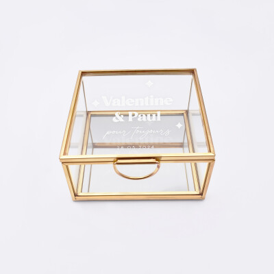 Boîte à alliances mariage personnalisée carrée prénoms mariés verre gravé 10x10x5 cm - Pop