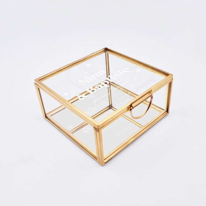 Boîte à alliances mariage personnalisée carrée prénoms mariés verre gravé 10x10x5 cm - Pop