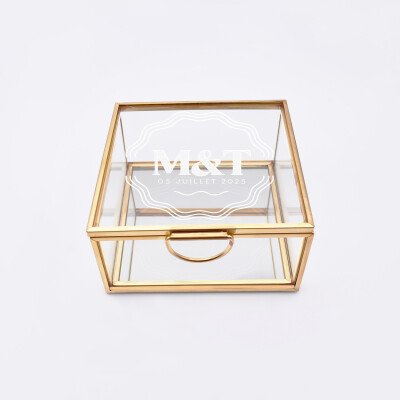 Boîte à alliances mariage personnalisée carrée initiales mariés verre gravé 10x10x5 cm - Pop
