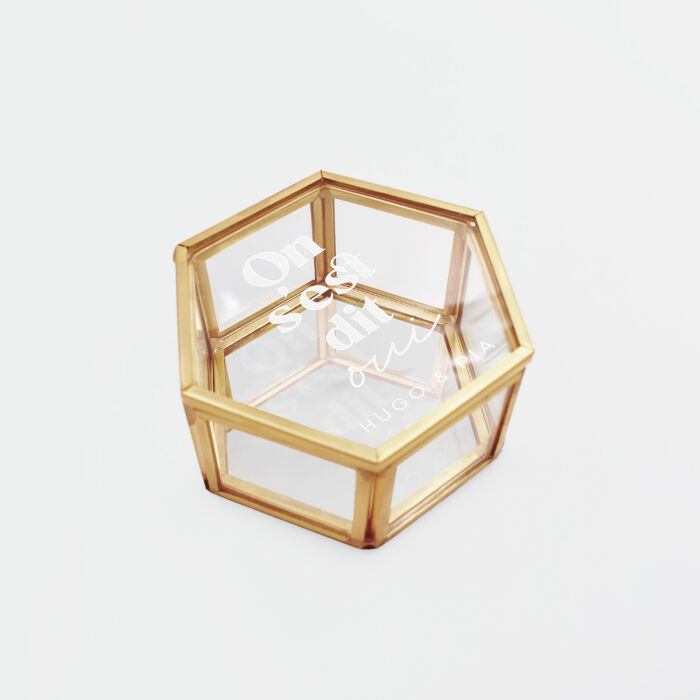 Boîte à alliances mariage personnalisée hexagonale illustration "Oui" verre gravé 8x7x4 cm - Pop