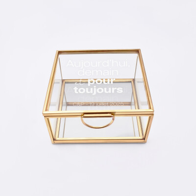 Boîte à alliances mariage personnalisée carrée illustration "Pour toujours" verre gravé 10x10x5 cm - Garden