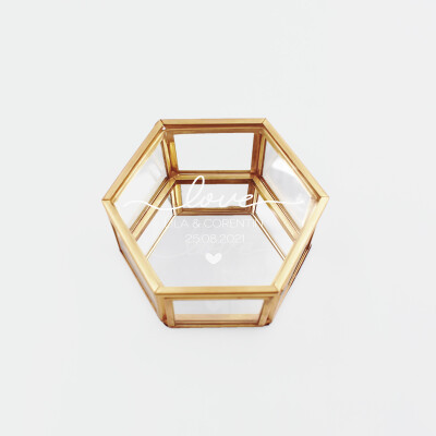 Boîte à alliances mariage personnalisée hexagonale illustration "Love" verre gravé 8x7x4 cm - Garden