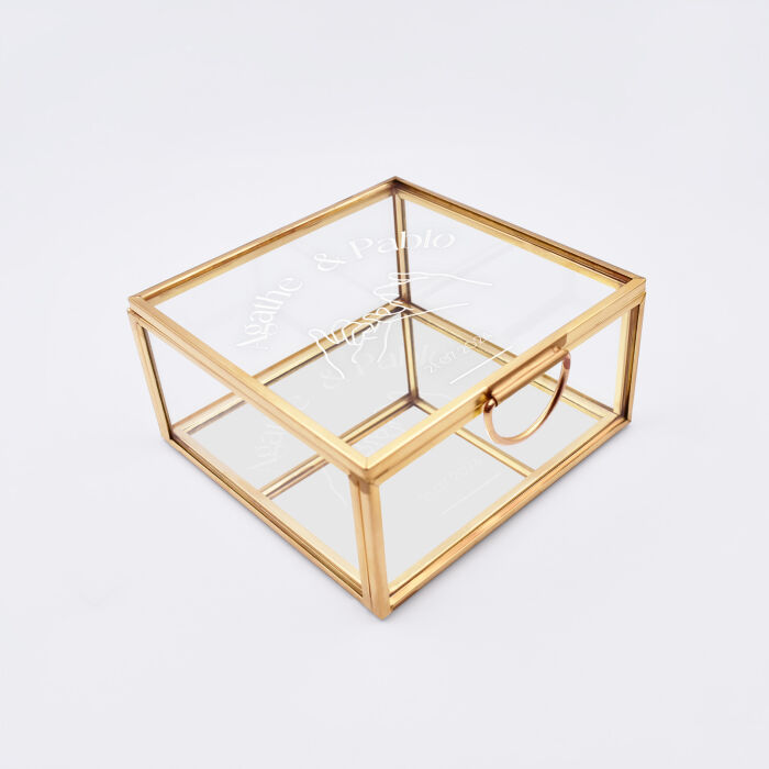 Boîte à alliances mariage personnalisée carrée illustration "Mains" verre gravé 10x10x5 cm - Terracotta