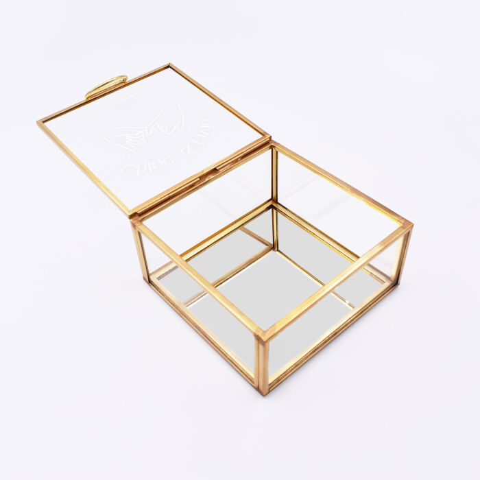 Boîte à alliances mariage personnalisée carrée illustration "Mains" verre gravé 10x10x5 cm - Terracotta