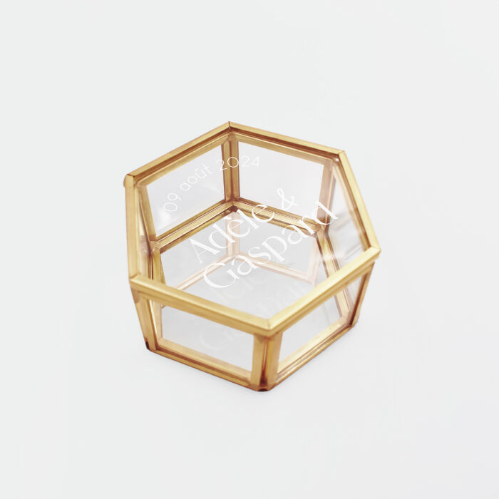 Boîte à alliances mariage personnalisée hexagonale prénoms mariés verre gravé 8x7x4 cm - Terracotta