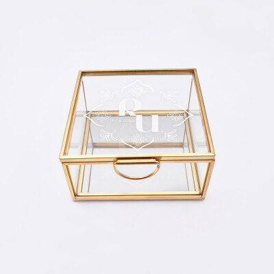 Boîte à alliances mariage personnalisée carrée initiales mariés verre gravé 10x10x5 cm - Blue Mediterraneo