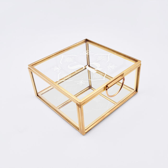 Boîte à alliances mariage personnalisée carrée initiales mariés verre gravé 10x10x5 cm - Blue Mediterraneo