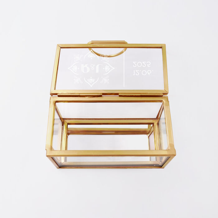 Boîte à alliances mariage personnalisée rectangulaire illustration verre gravé 8x4x4 cm - Blue Mediterraneo