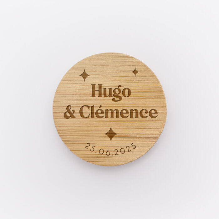 Décapsuleur mariage personnalisé prénoms mariés bois 6x6 cm - Pop