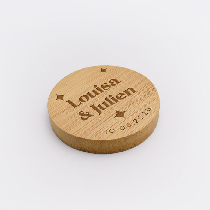Décapsuleur mariage personnalisé prénoms mariés bois 6x6 cm - Pop