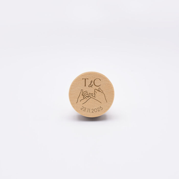 Bouchon de bouteille mariage personnalisé initiales mariés illustration "Mains" bois - Terracotta