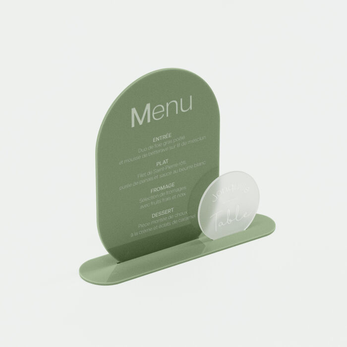 Menu mariage personnalisé acrylique vert 16x22 cm et nom de table acrylique givré 8,5x8 cm - Garden