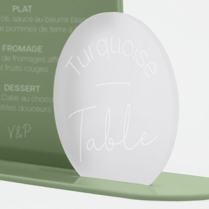 Menu mariage personnalisé acrylique vert 16x22 cm et nom de table acrylique givré 8,5x8 cm - Garden