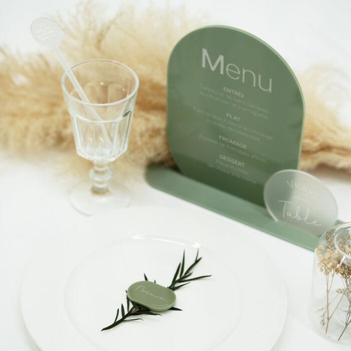 Menu mariage personnalisé acrylique vert 16x22 cm et nom de table acrylique givré 8,5x8 cm - Garden