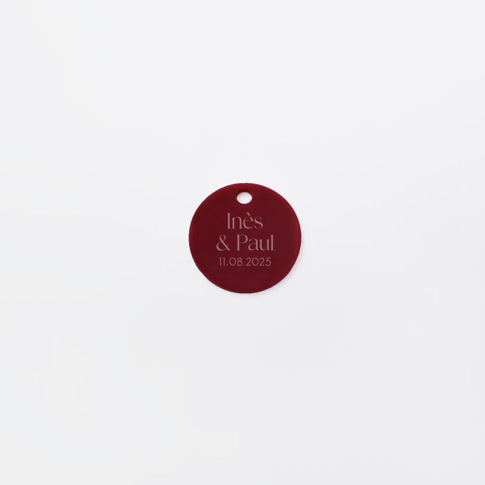 Etiquette cadeau mariage personnalisée initiales ou prénoms mariés acrylique rouge carmin 3,5x3,5 cm - Terracotta