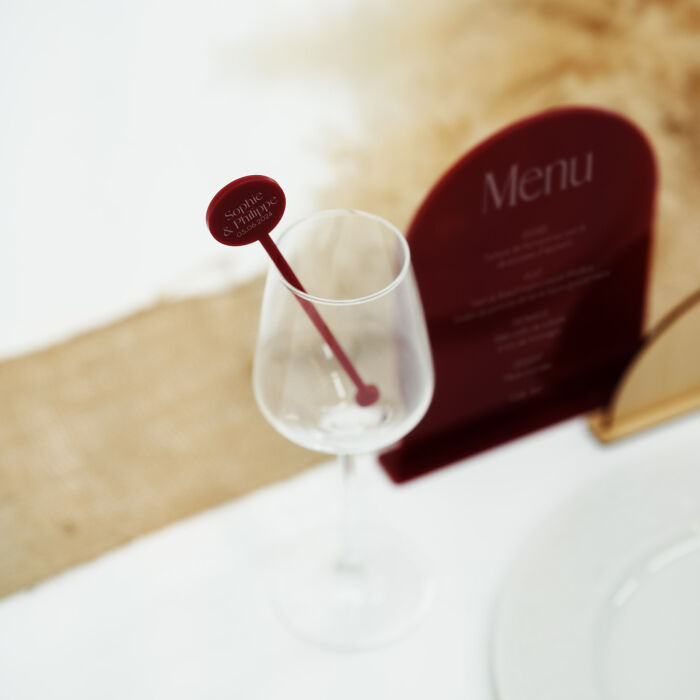 Touillette mariage personnalisée initiales ou prénoms mariés acrylique rouge carmin 3x16 cm - Terracotta