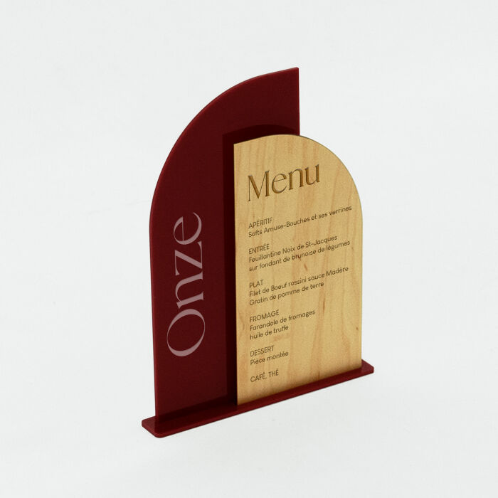 Menu mariage personnalisé bois 11x20 cm et numéro de table acrylique rouge carmin 12x23 cm - Terracotta